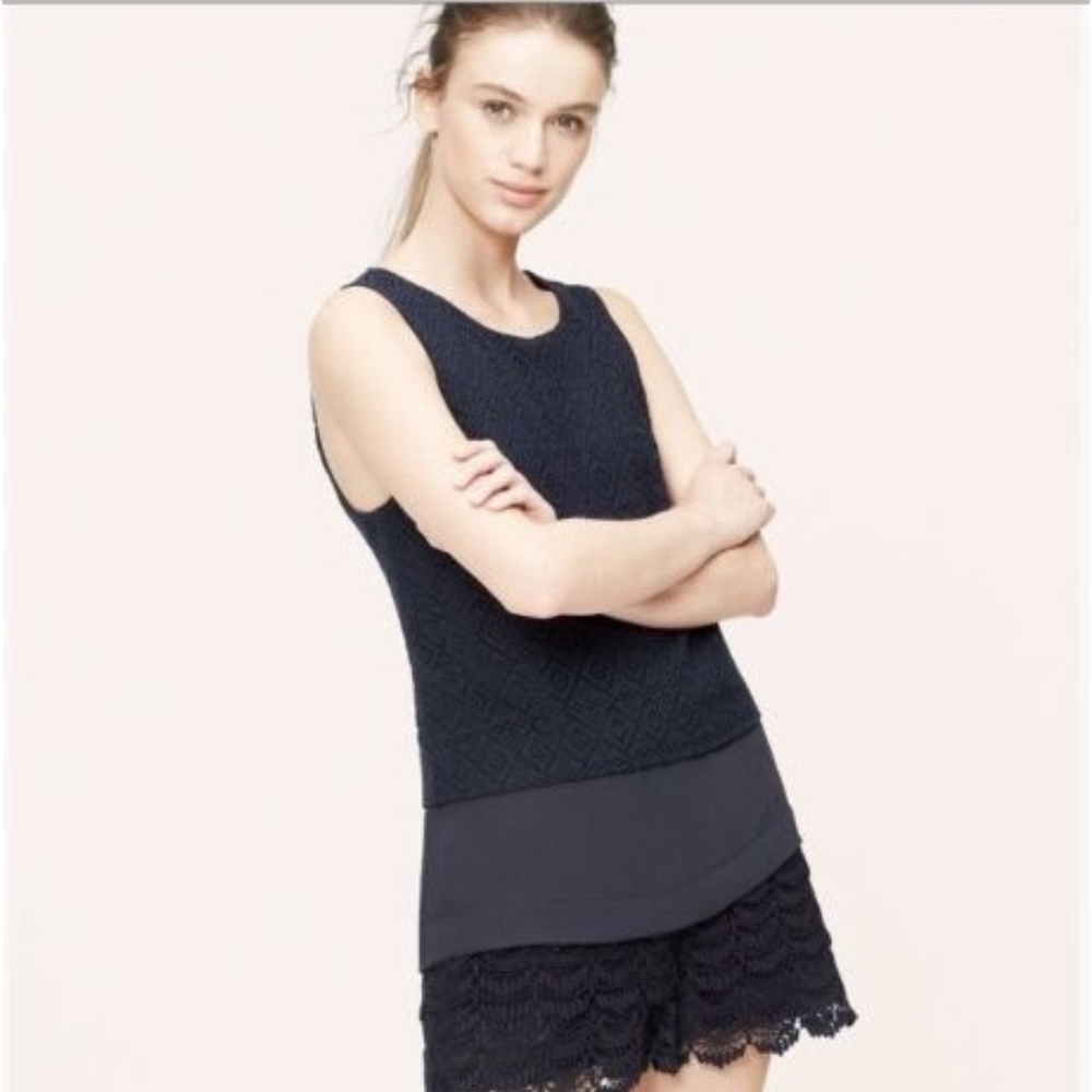 LOFT Crocheted Crop Lace Overlay Shell Top Blue PM